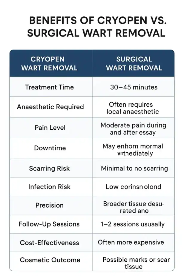 Table showing the benefits of cryopen to remove warts Hammersmith compared to surgical treatment
